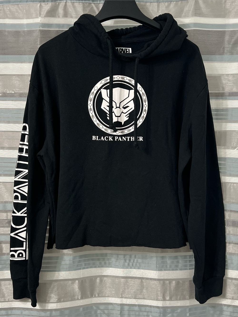 Marvel Black Panther Women’s Cropped Black Hoodie with White Logo